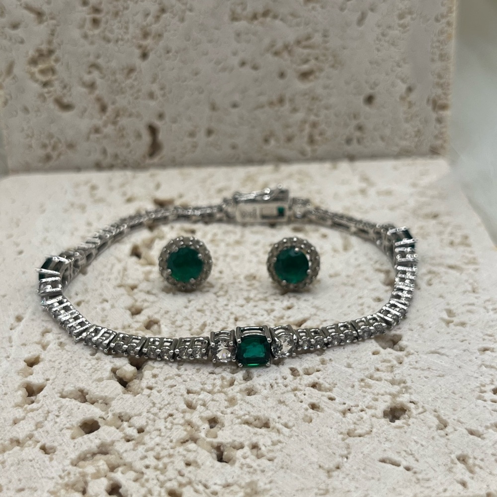 Lab Created Emerald 10k white gold earrings and 925 lab emerald bracelet